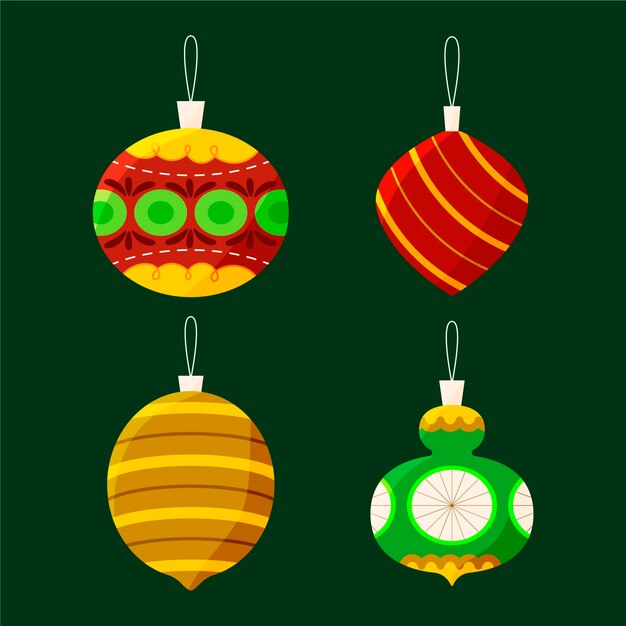 Colección de adornos de bolas navideñas planas dibujadas a mano