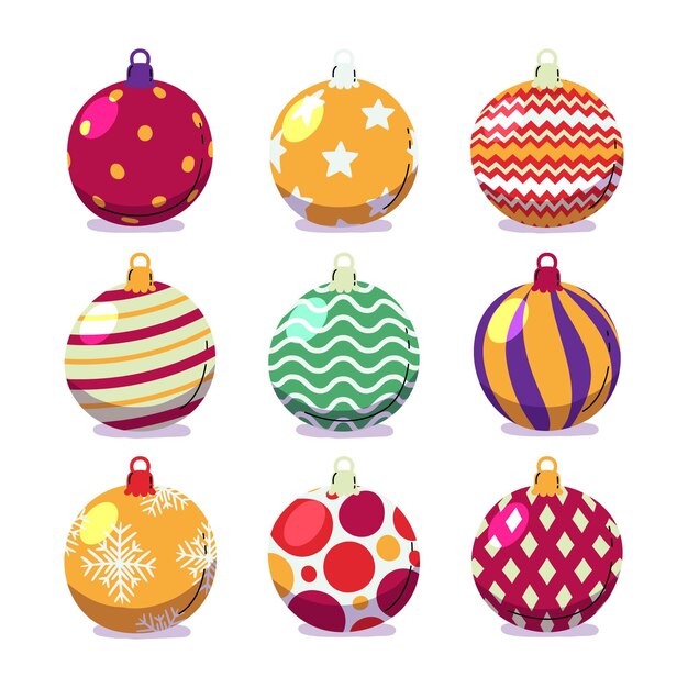 Colección de adornos de bolas navideñas planas dibujadas a mano
