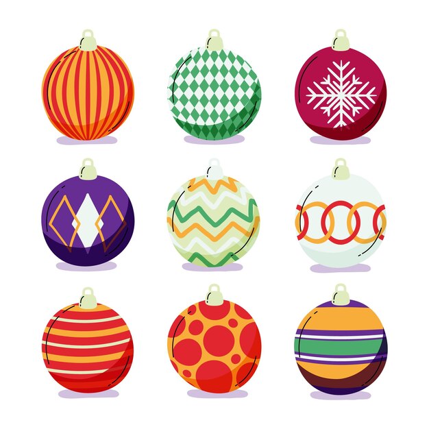 Colección de adornos de bolas navideñas planas dibujadas a mano