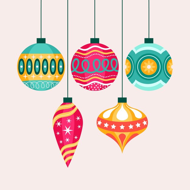 Colección de adornos de bolas navideñas planas dibujadas a mano