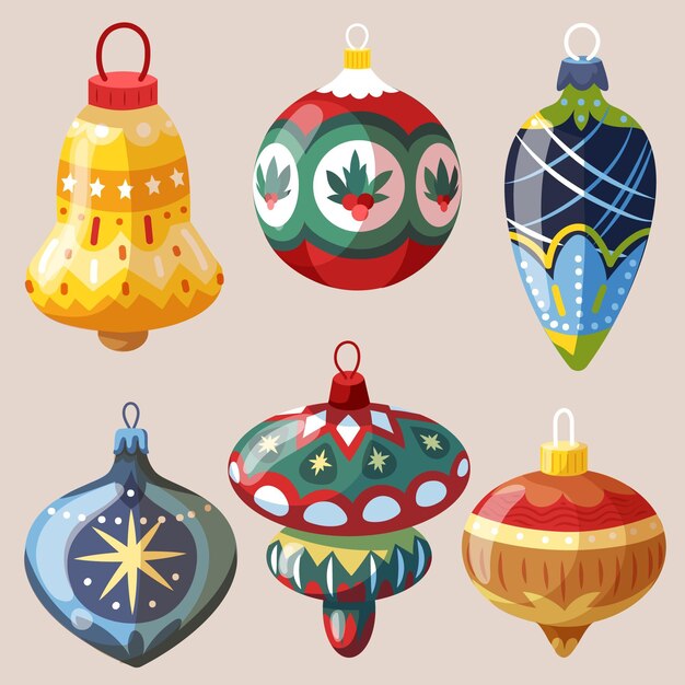 Colección de adornos de bolas navideñas planas dibujadas a mano