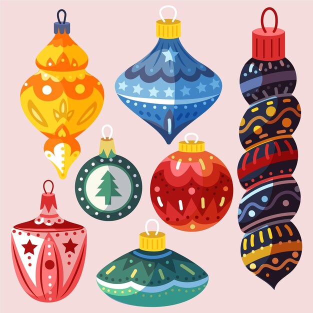 Colección de adornos de bolas navideñas planas dibujadas a mano