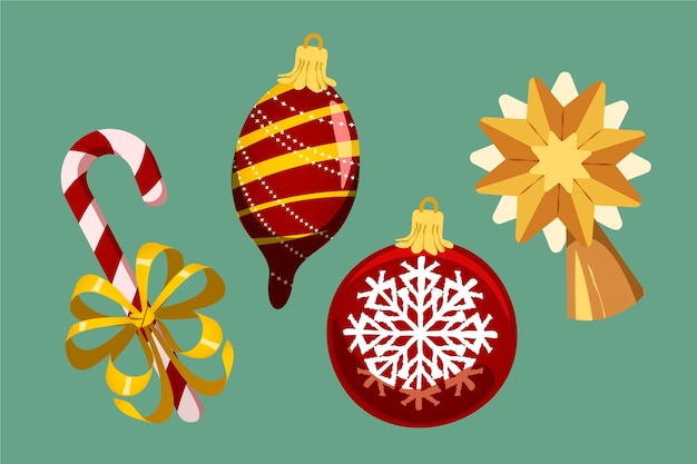 Colección de adornos de bolas navideñas planas dibujadas a mano