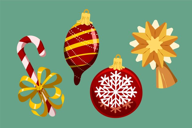 Colección de adornos de bolas navideñas planas dibujadas a mano