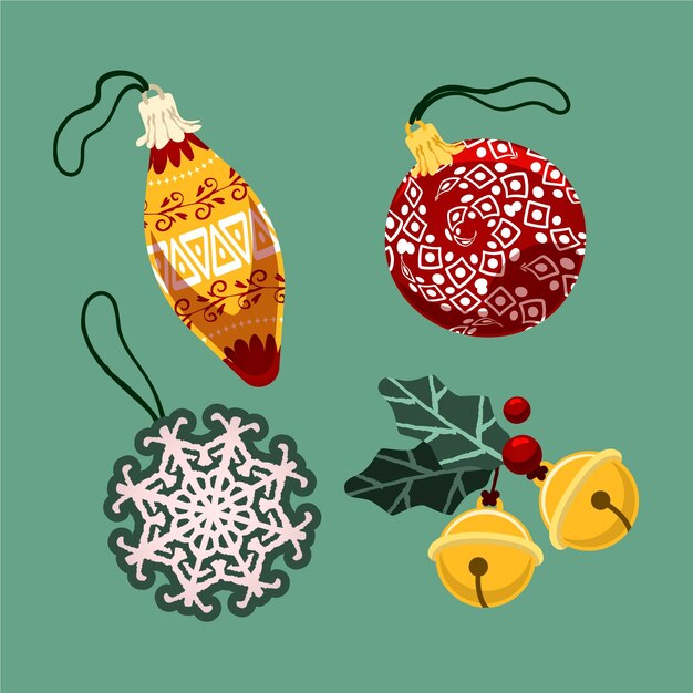 Colección de adornos de bolas navideñas planas dibujadas a mano