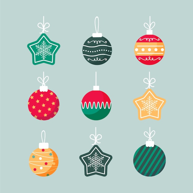 Vector gratuito colección de adornos de bolas navideñas planas dibujadas a mano