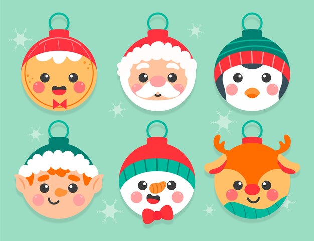 Colección de adornos de bolas navideñas planas dibujadas a mano