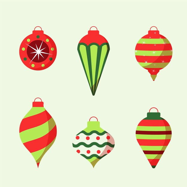 Colección de adornos de bolas navideñas planas dibujadas a mano