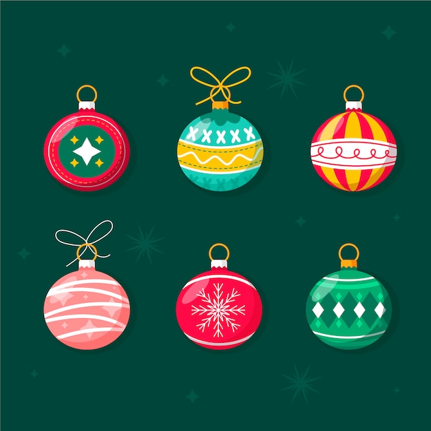 Colección de adornos de bolas navideñas planas dibujadas a mano