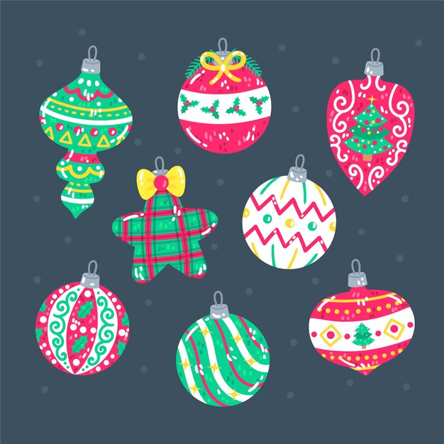 Colección de adornos de bolas navideñas planas dibujadas a mano