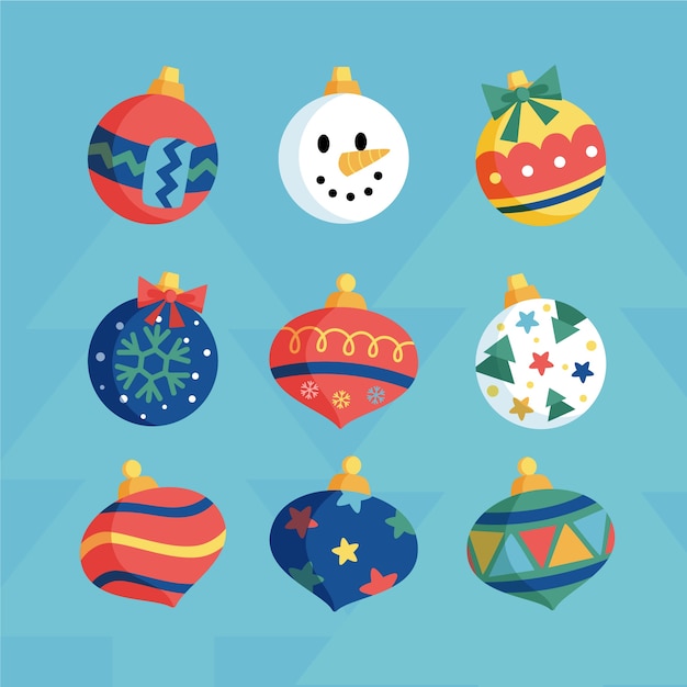 Colección de adornos de bolas navideñas planas dibujadas a mano
