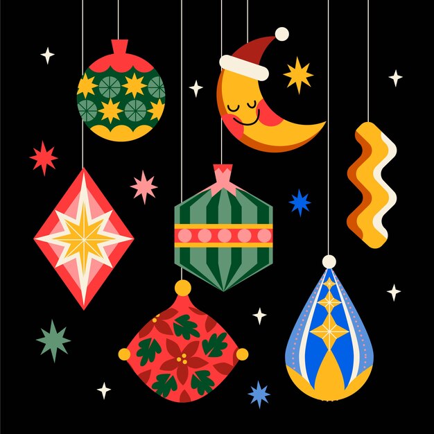 Colección de adornos de bolas navideñas planas dibujadas a mano
