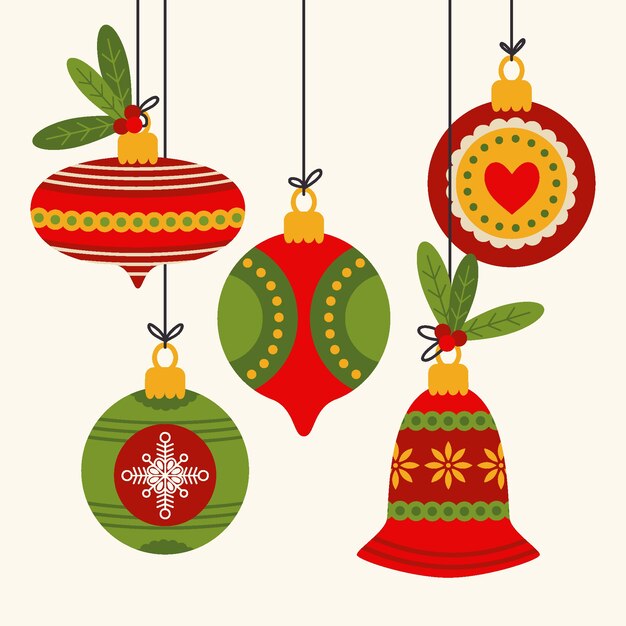 Colección de adornos de bolas navideñas planas dibujadas a mano