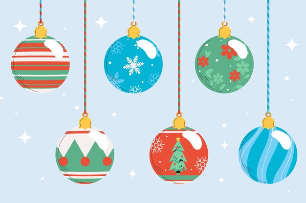 Colección de adornos de bolas navideñas planas dibujadas a mano