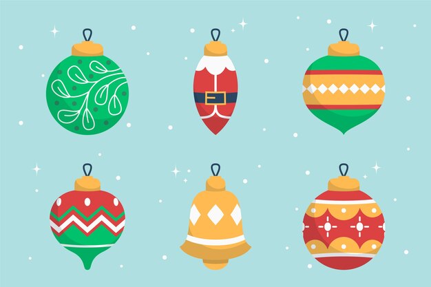 Colección de adornos de bolas navideñas planas dibujadas a mano