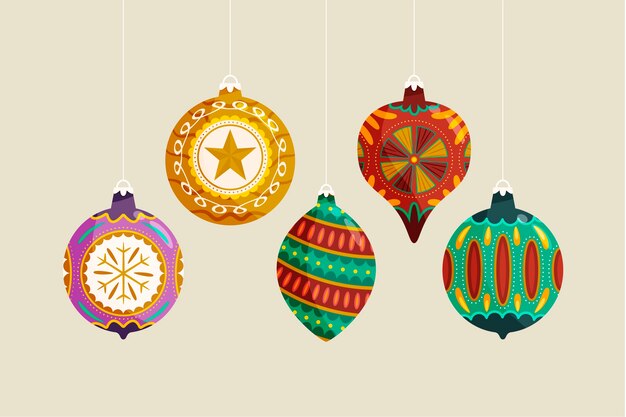 Colección de adornos de bolas navideñas planas dibujadas a mano