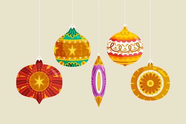 Colección de adornos de bolas navideñas planas dibujadas a mano