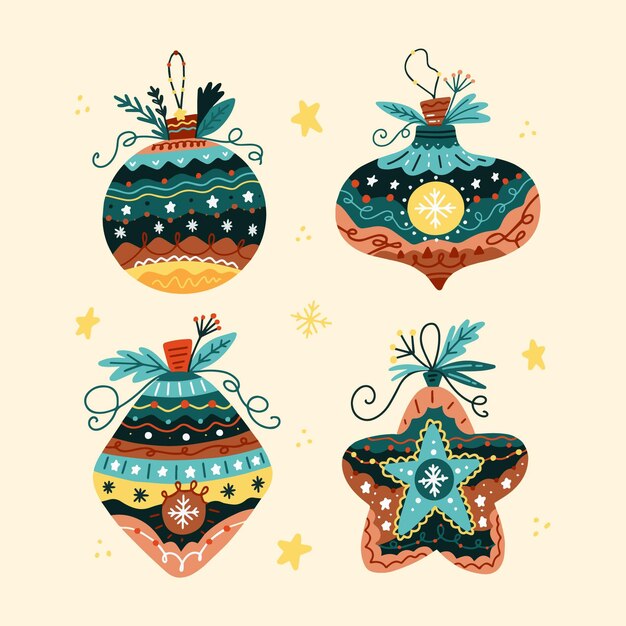 Colección de adornos de bolas navideñas planas dibujadas a mano