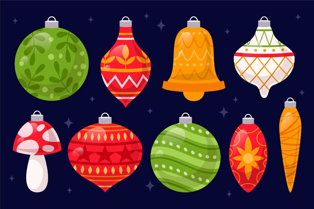 Colección de adornos de bolas navideñas planas dibujadas a mano