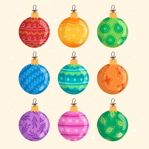 Colección de adornos de bolas navideñas planas dibujadas a mano