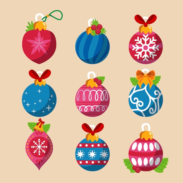 Vector gratuito colección de adornos de bolas navideñas planas