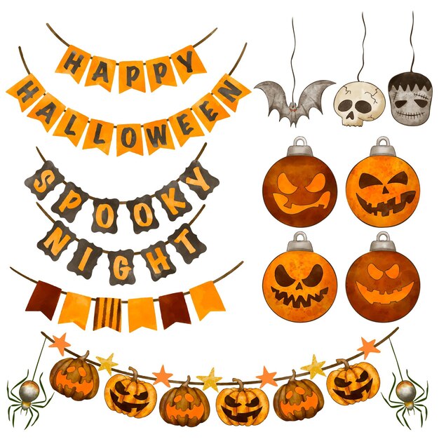 Colección de adornos de halloween en acuarela