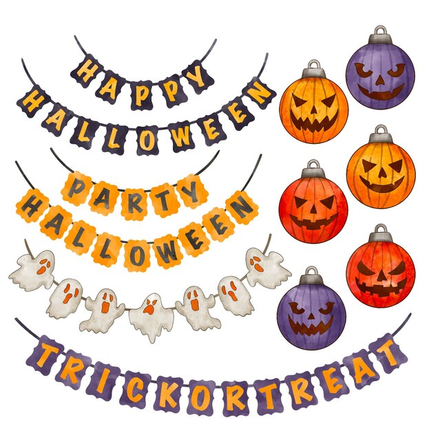Colección de adornos de halloween en acuarela
