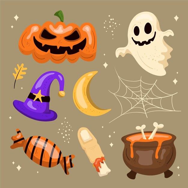 Colección de adornos de halloween dibujados a mano