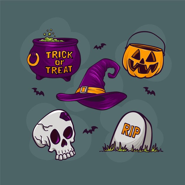 Colección de adornos de halloween dibujados a mano