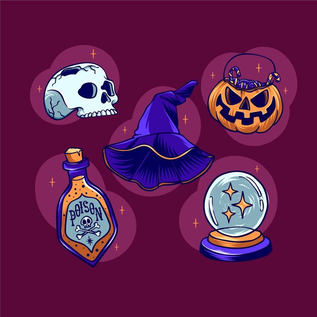 Colección de adornos de halloween dibujados a mano