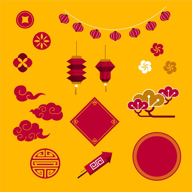 Colección de adornos planos para la celebración del año nuevo chino