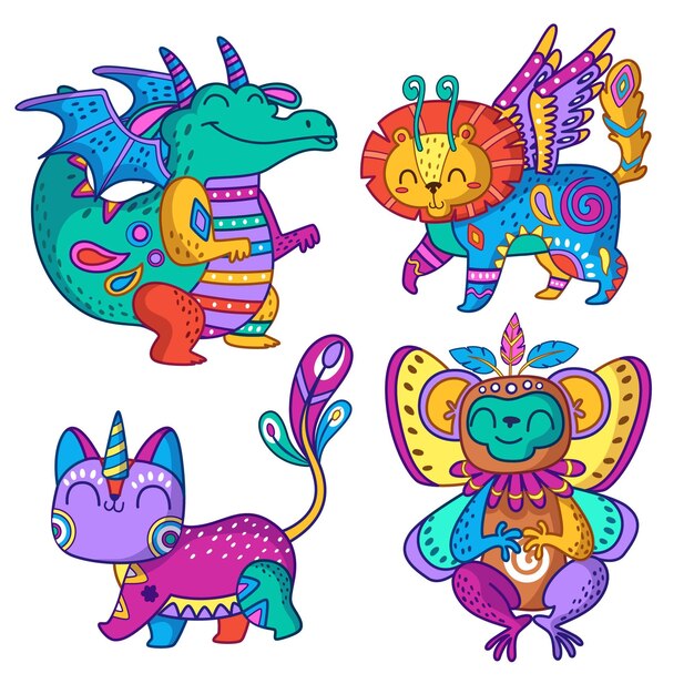 Colección alebrijes dia de muertos dibujados a mano