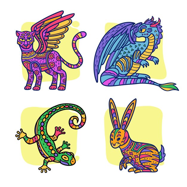 Colección alebrijes dia de muertos dibujados a mano