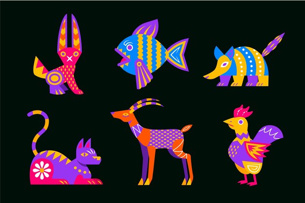 Colección alebrijes planos dia de muertos dibujados a mano