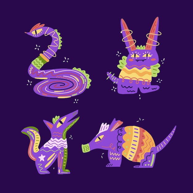 Vector gratuito colección alebrijes planos dia de muertos dibujados a mano