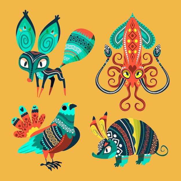 Colección alebrijes planos dia de muertos dibujados a mano