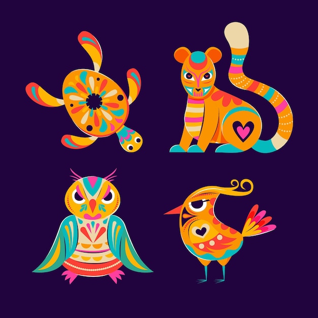 Colección alebrijes planos dia de muertos dibujados a mano