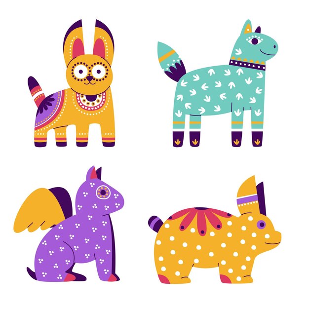 Vector gratuito colección alebrijes planos dia de muertos dibujados a mano