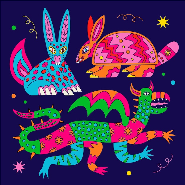 Vector gratuito colección alebrijes planos dia de muertos dibujados a mano