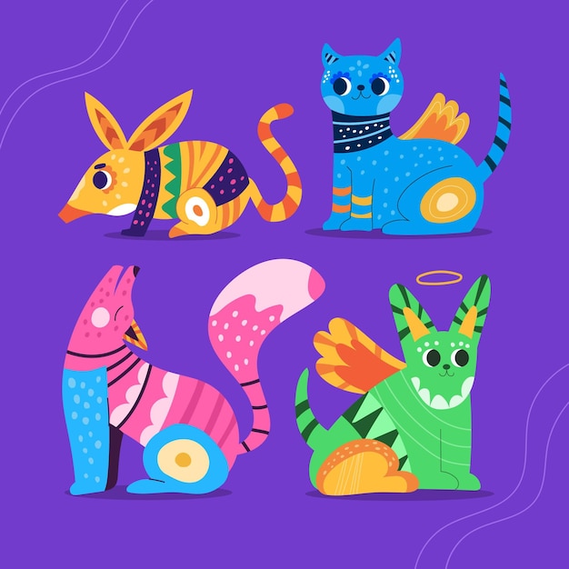 Vector gratuito colección alebrijes planos dia de muertos dibujados a mano