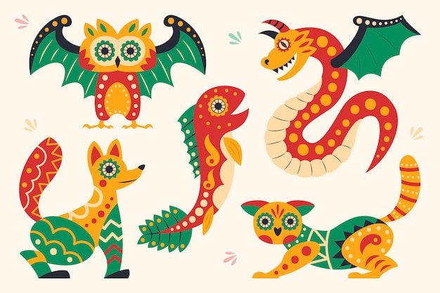 Colección alebrijes planos dia de muertos dibujados a mano