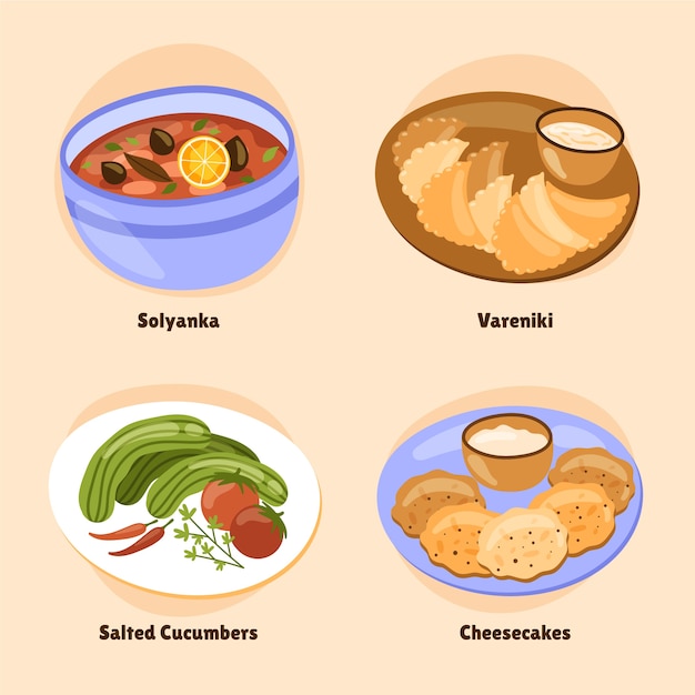 Colección de alimentos de cocina rusa dibujados a mano
