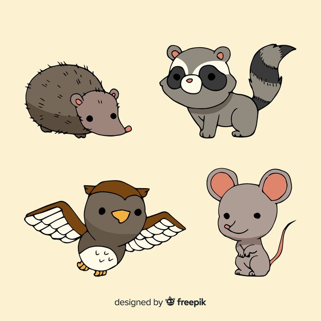 Colección de animales del bosque dibujados a mano.