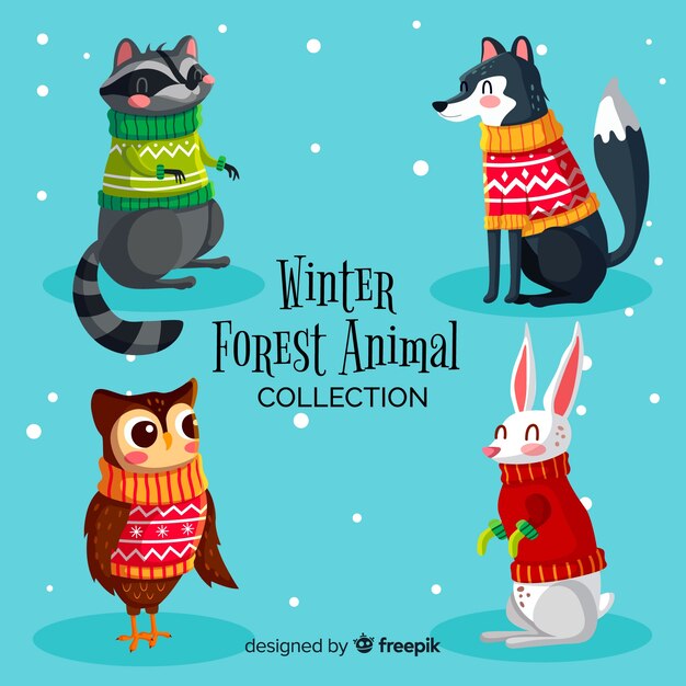 Colección animales del bosque invernales dibujados a mano