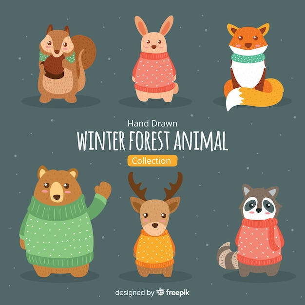 Colección animales del bosque invierno dibujados a mano