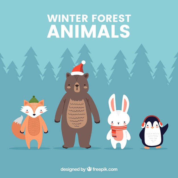 Colección de animales de bosque de invierno en diseño flat