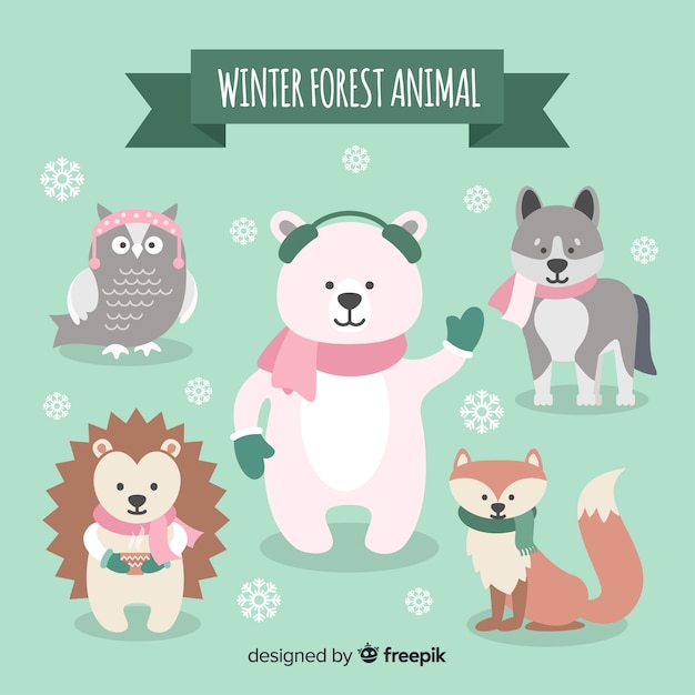 Colección de animales de bosque en invierno