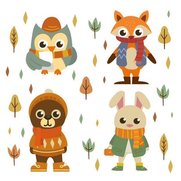 Colección animales del bosque otoñal dibujados a mano