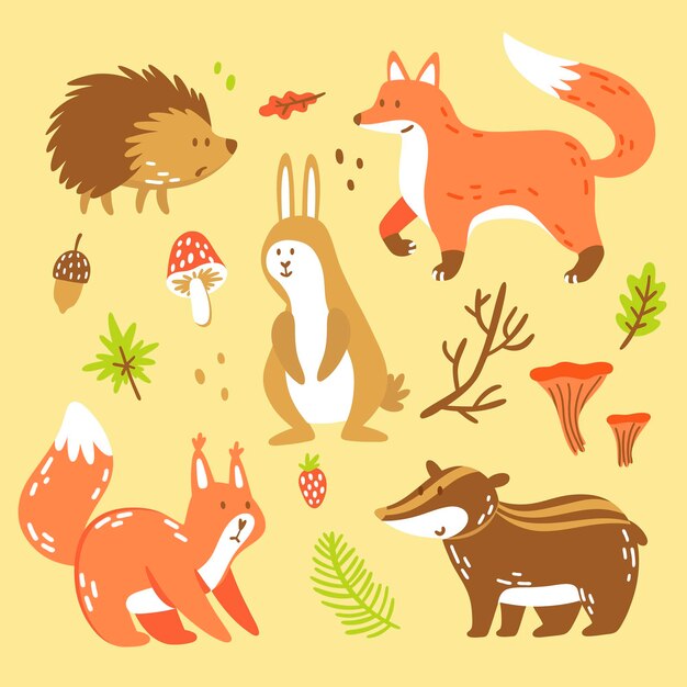 Colección de animales de bosque otoñal de diseño plano