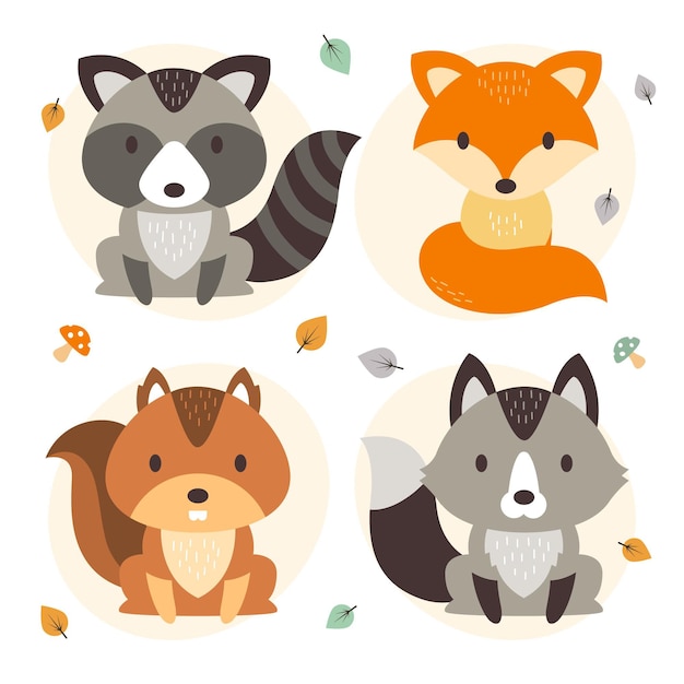 Vector gratuito colección de animales de bosque otoñal de diseño plano